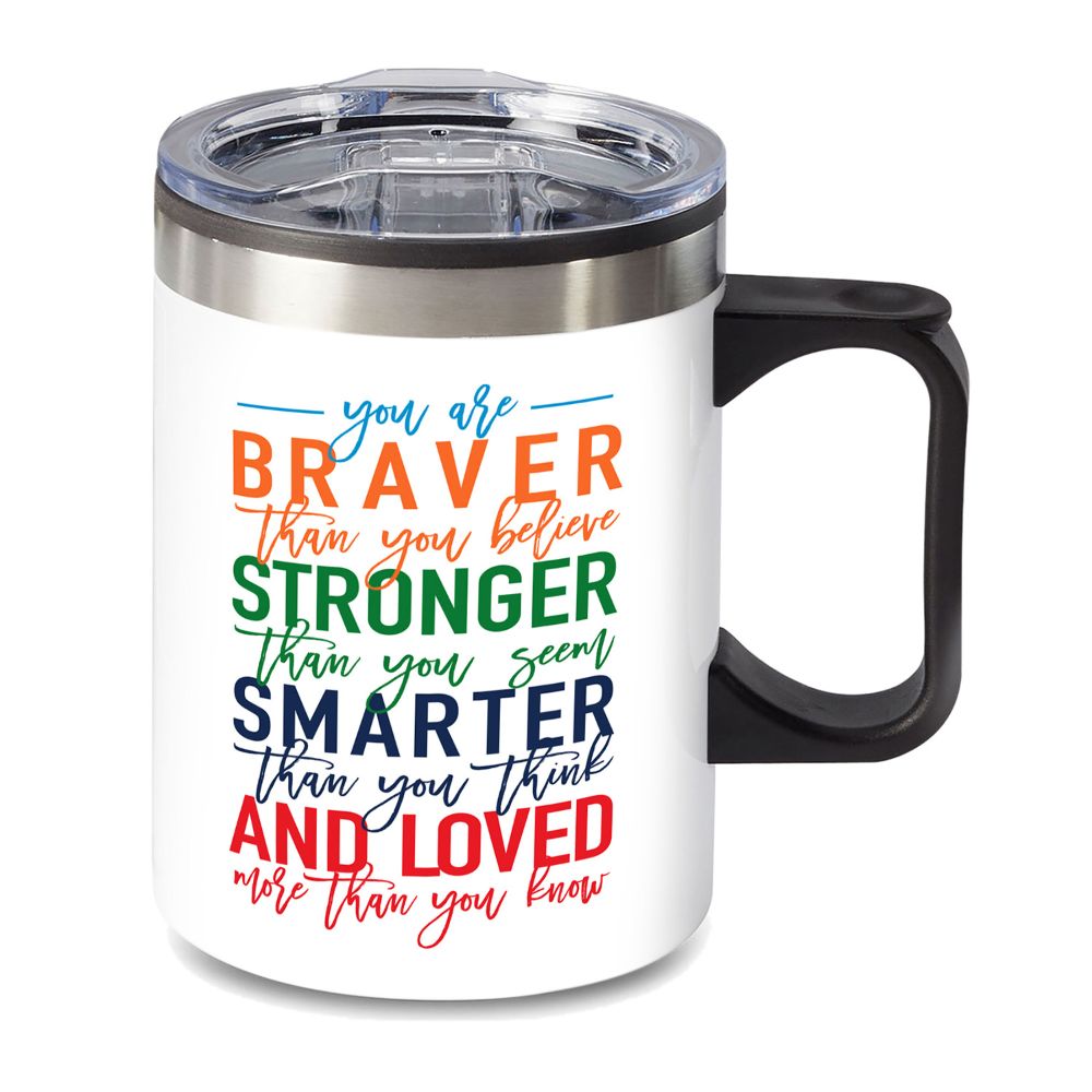 14 oz. Travel Mug with lid, quoting "STRONG QUOTE"