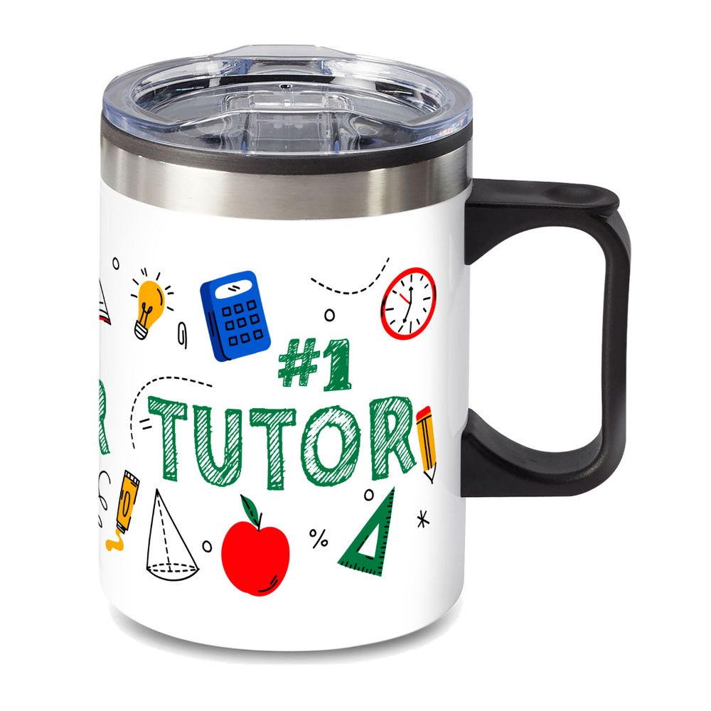 14 oz. Travel Mug with lid, quoting "#1 TUTOR"