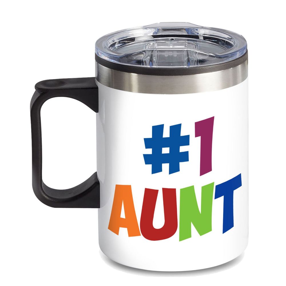 14 oz. Travel Mug with lid, quoting "#1 AUNT"