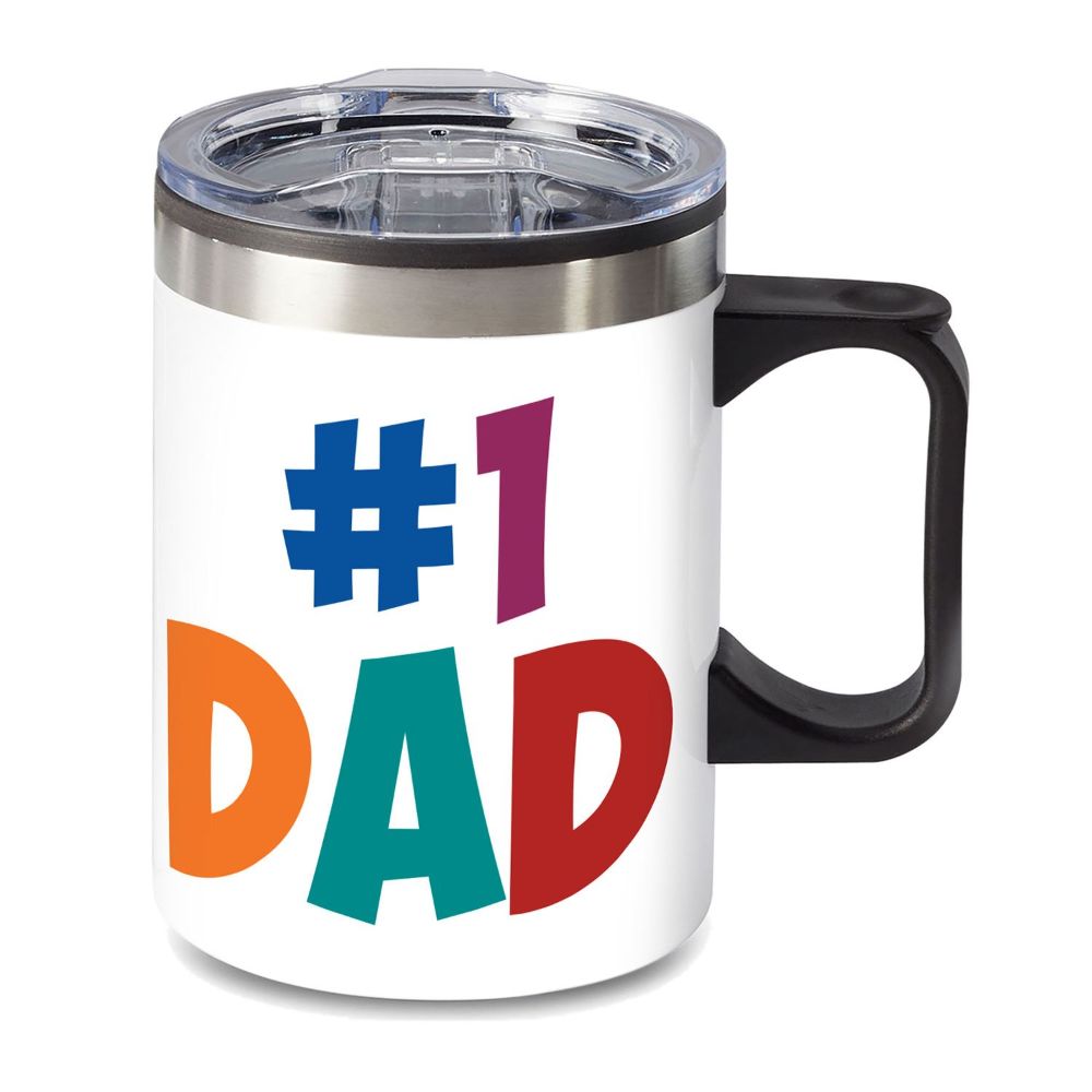 14 oz. Travel Mug with lid, quoting "#1 DAD"
