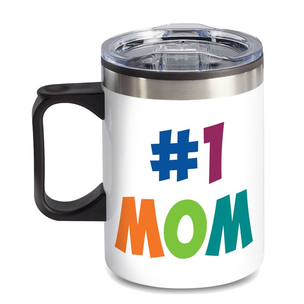 14 oz. Travel Mug with lid, quoting "#1 MOM"