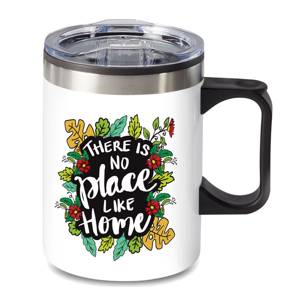 14 oz. Travel Mug with lid, quoting "HOME QUOTE"