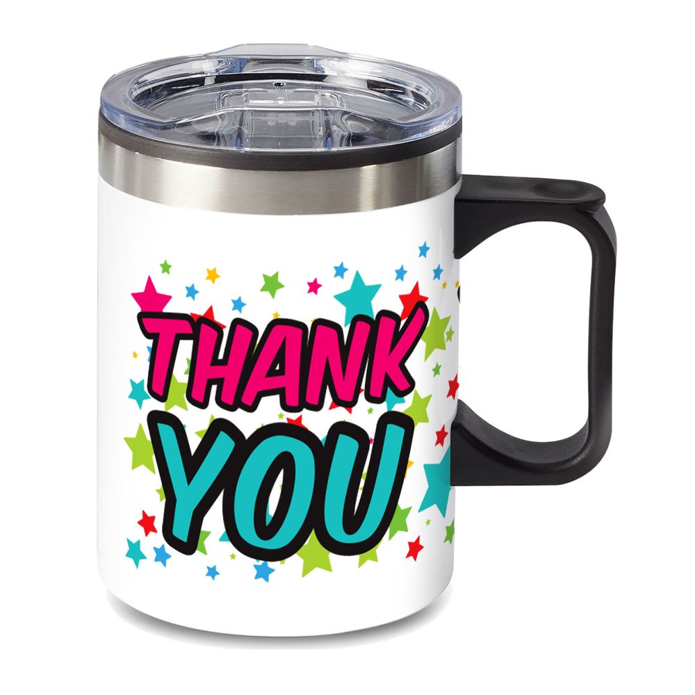 14 oz. Travel Mug with lid, quoting "THANK YOU"
