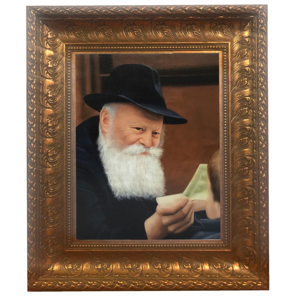 The Lubavitcher Rebbe giving a dollar, Framed Painting in Gold Frame, Size 11x14"