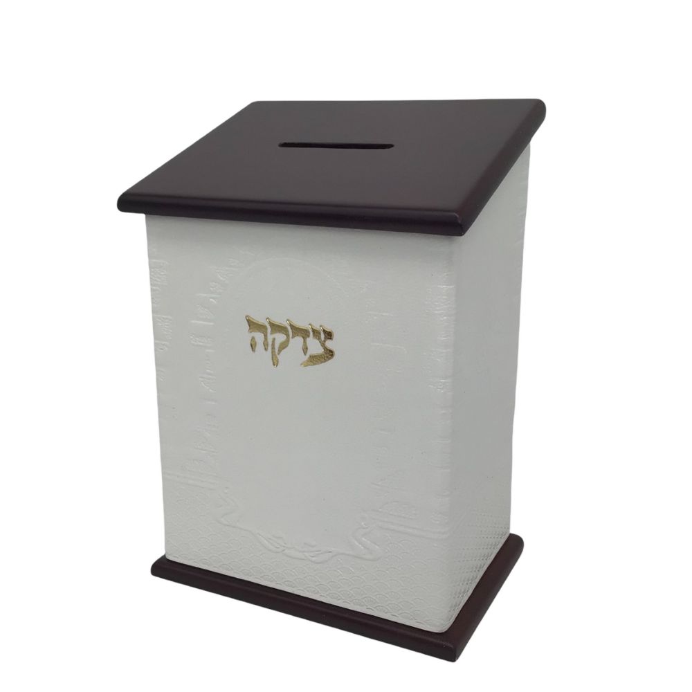 Leather Tzedaka Box for Wall- White