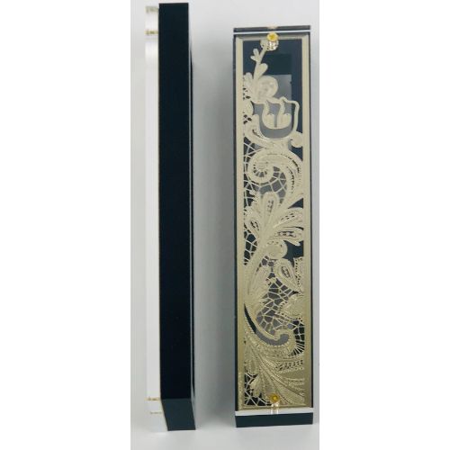 Gold Plated Mezuzah Case w/ Black Border- 15 cm scroll Design #2