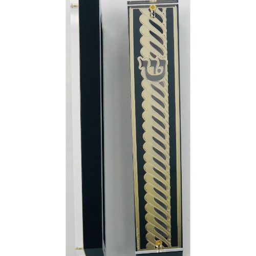 Gold Plated Mezuzah Case w/ Black Border- 15 cm scroll Design #3