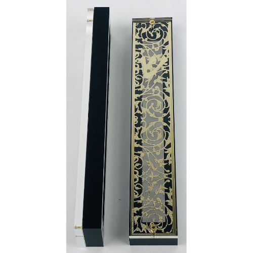 Gold Plated Mezuzah Case w/ Black Border- 15 cm scroll Design #6