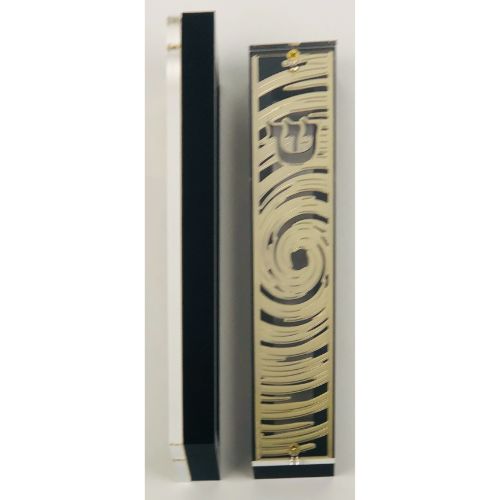 Gold Plated Mezuzah Case w/ Black Border- 15 cm scroll Design #7