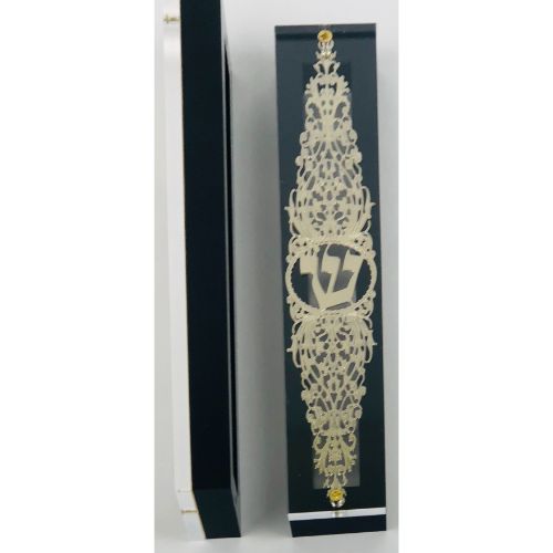 Gold Plated Mezuzah Case w/ Black Border- 15 cm scroll Design #10