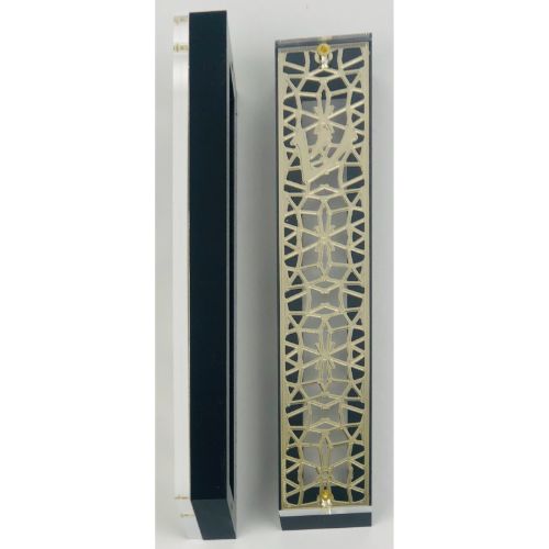 Gold Plated Mezuzah Case w/ Black Border- 15 cm scroll Design #11