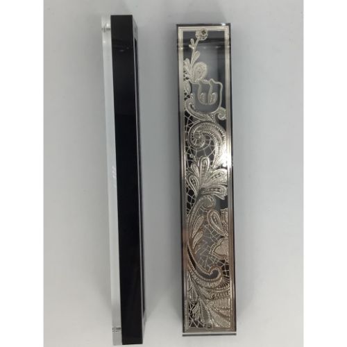 Mezuzah Case Silver Plated with Black Border- 15 cm scroll Design #2