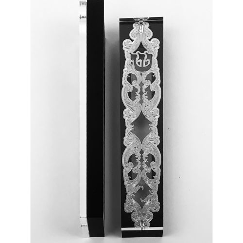 Silver Plated Mezuzah Case w/ Black Border- 15 cm scroll Design #4