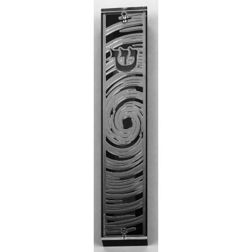 Silver Plated Mezuzah Case w/ Black Border- 15 cm scroll Design #7