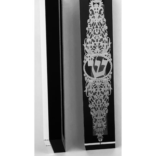Silver Plated Mezuzah Case w/ Black Border- 15 cm scroll Design #10