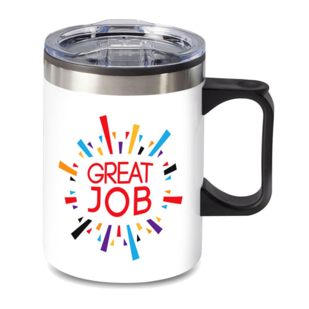 14 oz. Travel Mug with lid, quoting "GREAT JOB"