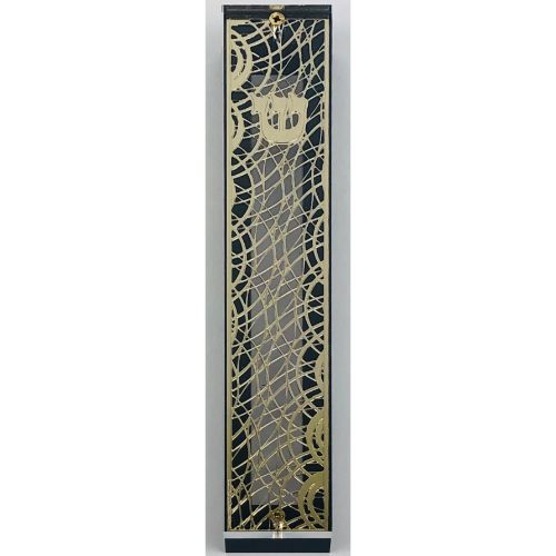 Gold Plated Mezuzah Case w/ Black Border- 15 cm scroll Design #8
