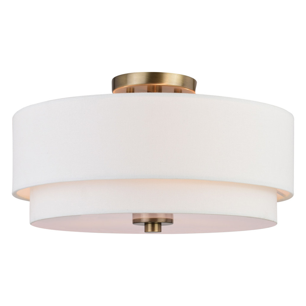 Vaxcel Lighting C0280 Burnaby 16-in W Matte Brass Mid-Century Modern Semi Flush Mount Ceiling Light White Linen Drum Shade