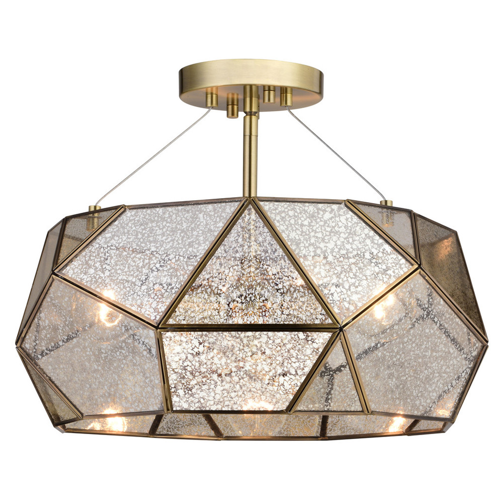 Vaxcel Lighting C0284 Euclid 16-in W Gold Aged Brass Contemporary Geometric Semi Flush Mount Ceiling Light Fixture with Silver Mercury Glass Shade