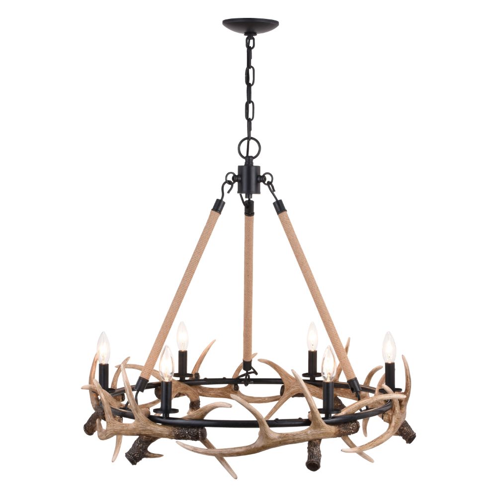 Vaxcel Lighting H0261 Breckenridge 30.5-in. 6 Light Antler Chandelier Aged Iron with Natural Rope