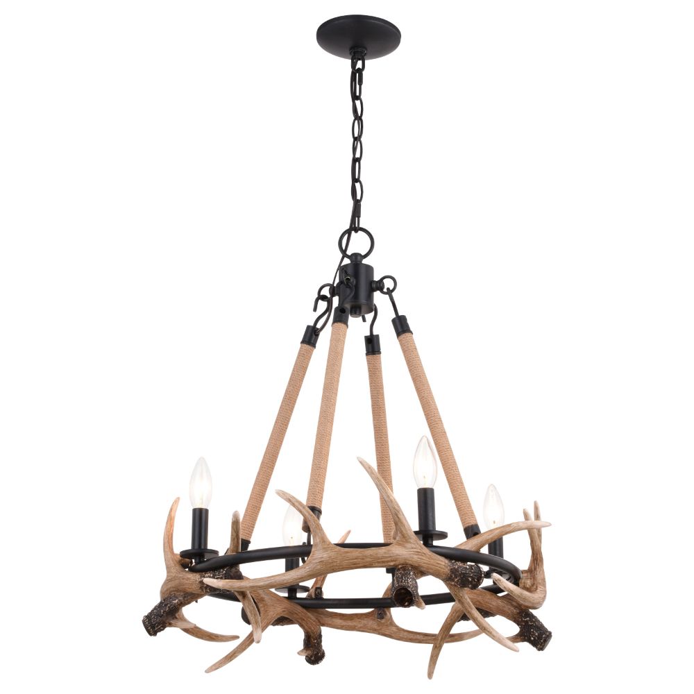Vaxcel Lighting H0262 Breckenridge 23.25-in. 4 Light Antler Chandelier Aged Iron with Natural Rope