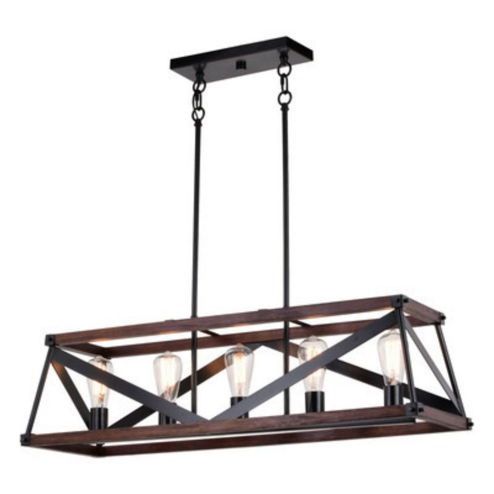 Vaxcel Lighting H0268 Wade 36-in. 5 Light Linear Chandelier Matte Black and Sycamore Wood