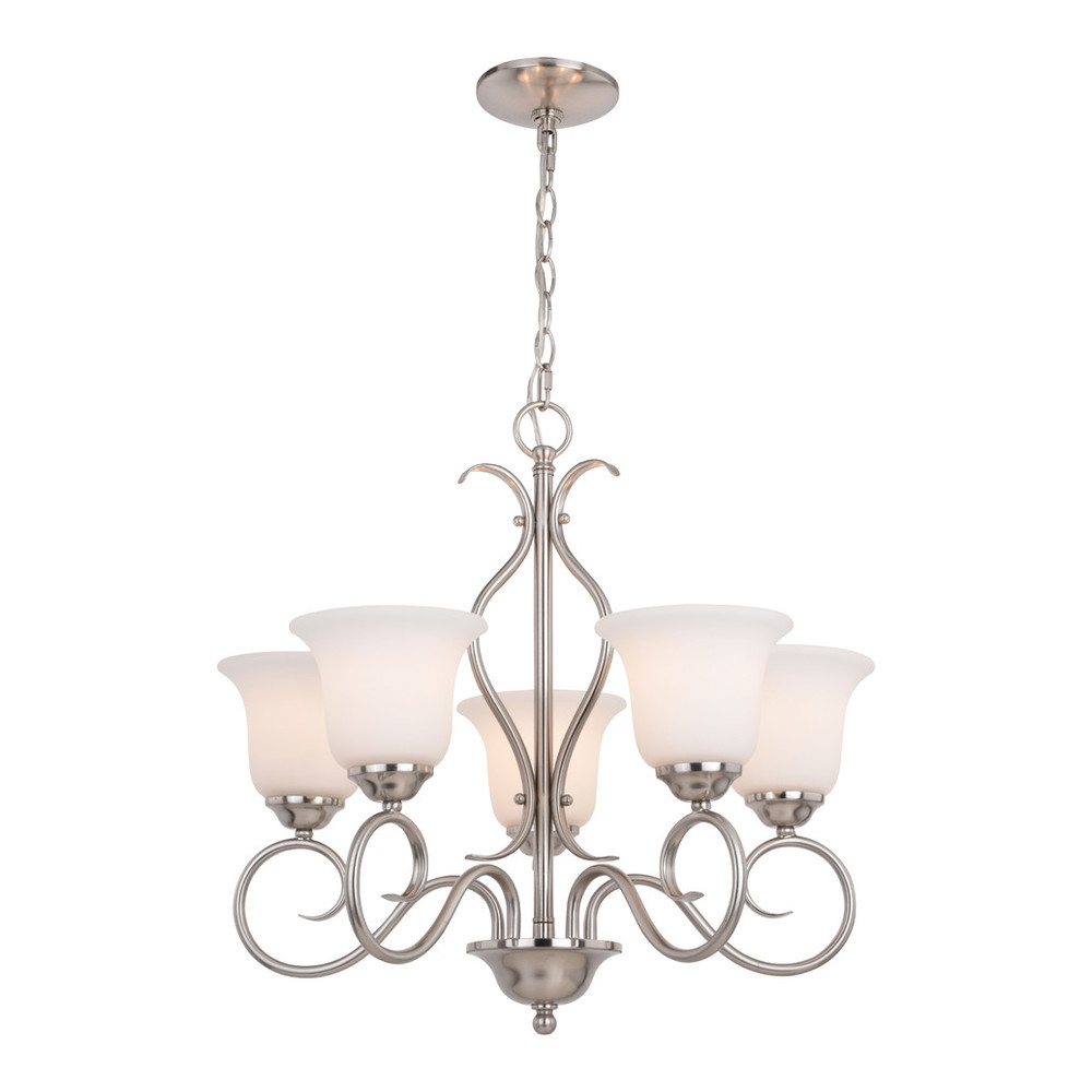 Vaxcel Lighting H0271 Albion 5 Light Satin Nickel Chandelier with White Glass Shades