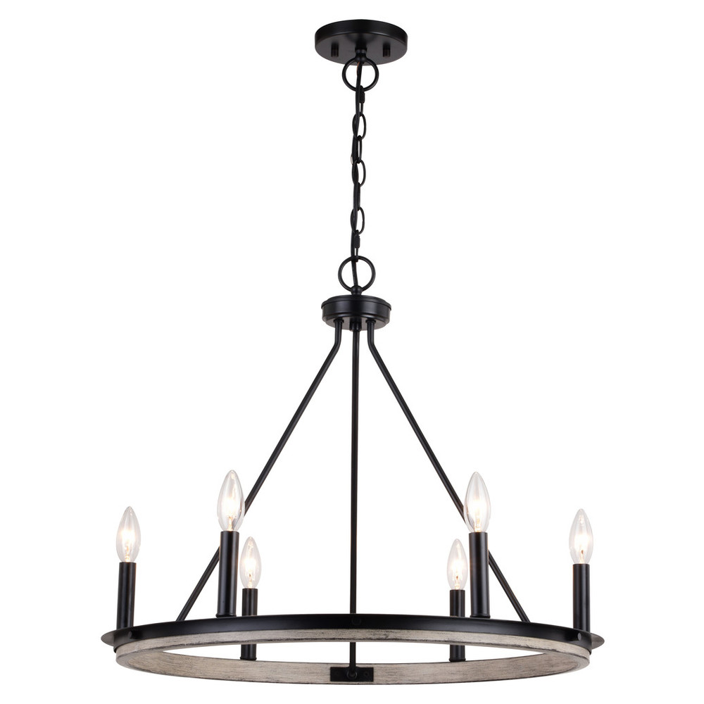 Vaxcel Lighting H0274 Russel 6 Light Matte Black and Weathered Gray Farmhouse Candle Wheel Chandelier