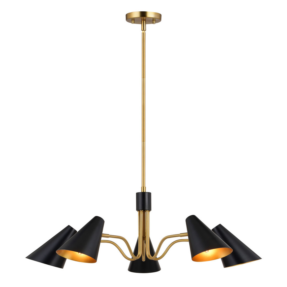 Vaxcel Lighting H0279 Pryce 5 Light Matte Black with Gold Satin Brass Accents Mid-Century Modern Chandelier - Metal Shades