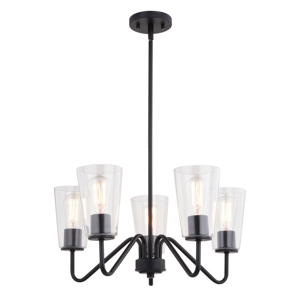 Vaxcel Lighting H0284 Beverly 5 Light Matte Black Chandelier Fixture Clear Glass Shade, LED Compatible