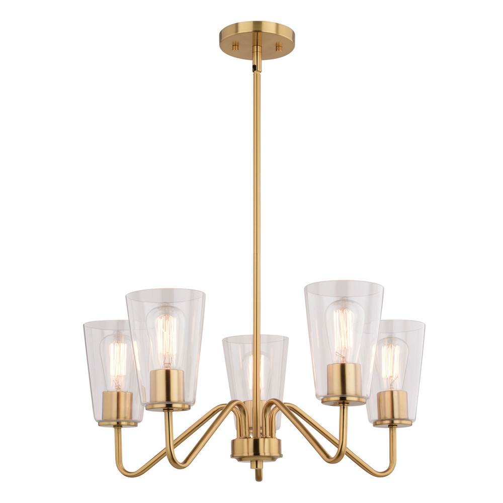 Vaxcel Lighting H0286 Beverly 5 Light Gold Muted Brass Chandelier Fixture Clear Glass Shade, LED Compatible