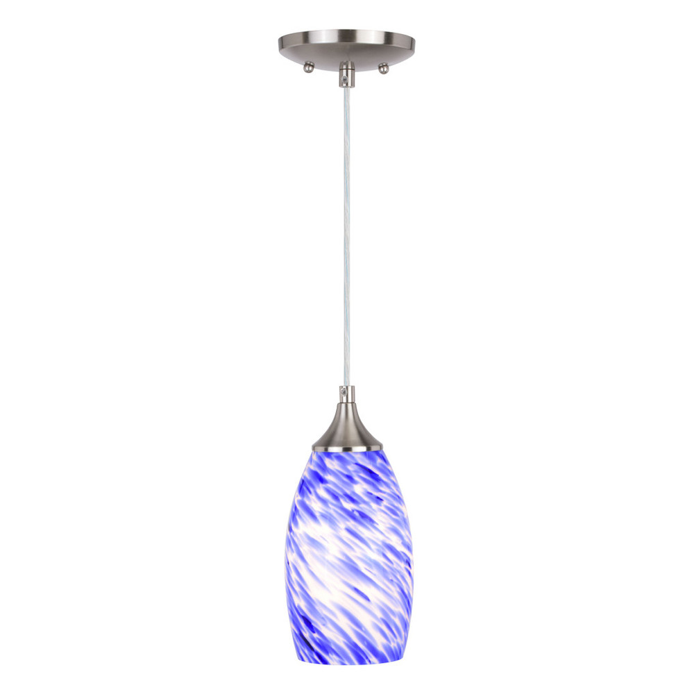 Vaxcel Lighting P0383 Milano Satin Nickel Mini Pendant Ceiling Light with Blue Swirl Art Glass