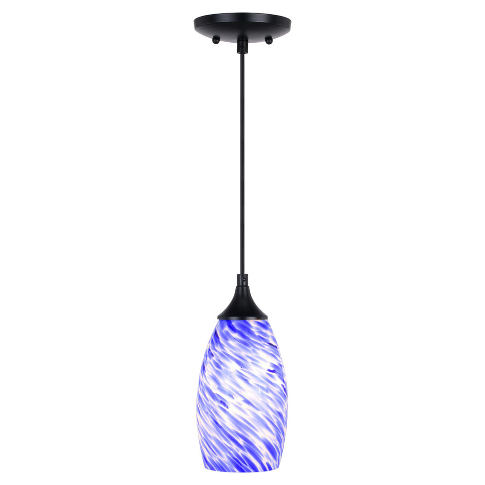 Vaxcel Lighting P0384 Milano Matte Black Mini Pendant Ceiling Light with Blue Swirl Art Glass