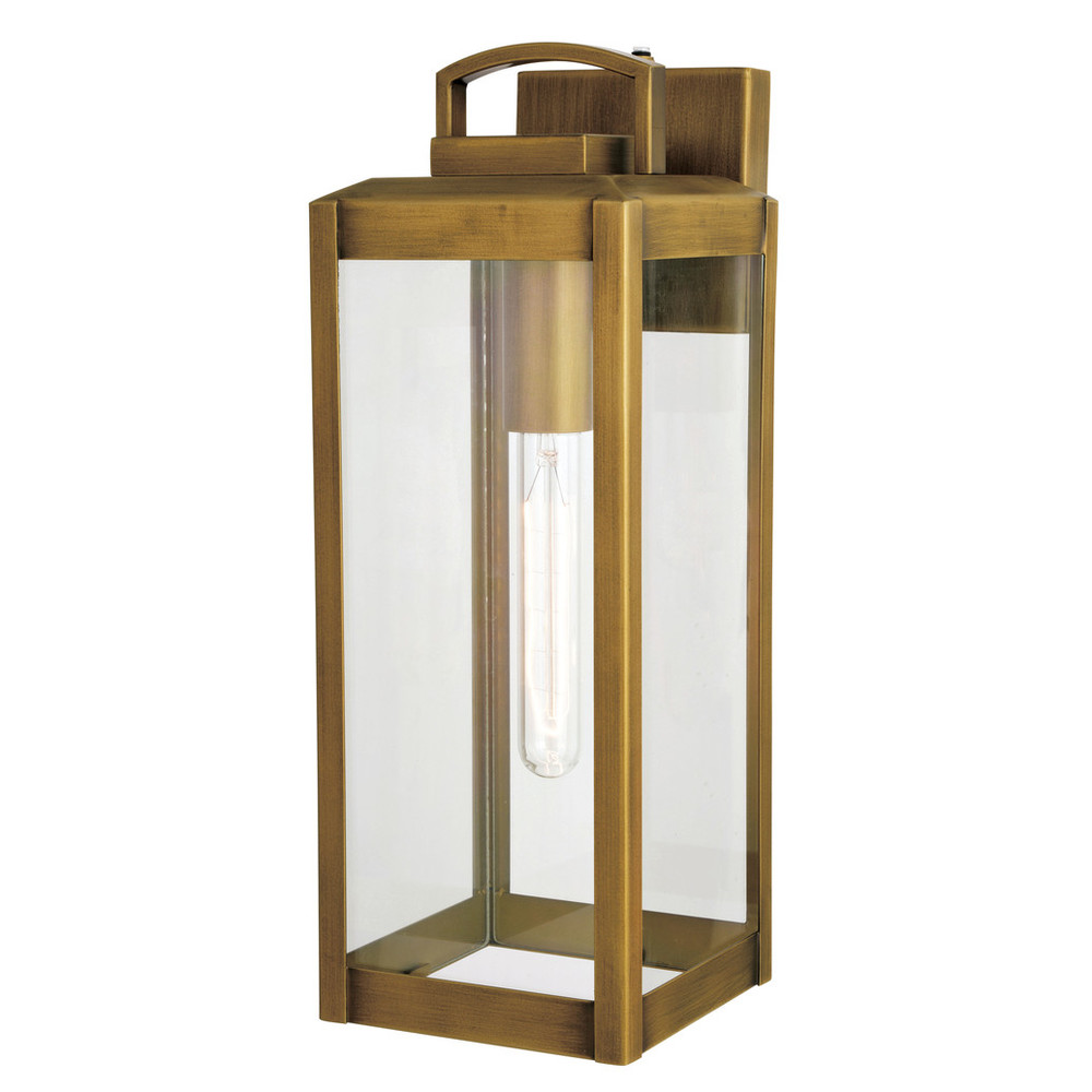 Vaxcel Lighting T0707 Kinzie 1 Light 16.75-in. H Dusk to Dawn Gold Vintage Brass Outdoor Wall Lantern Fixture with Clear Glass