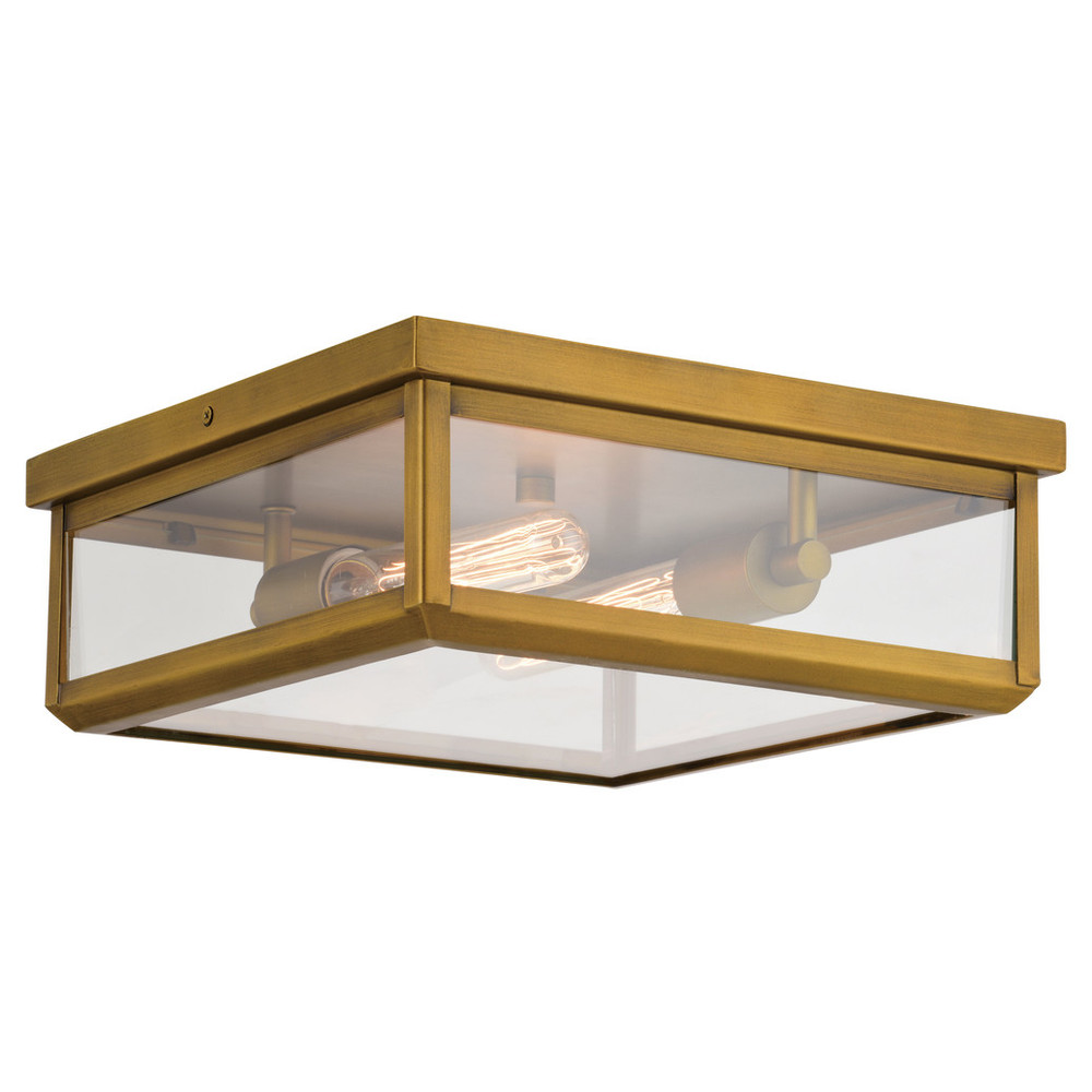 Vaxcel Lighting T0709 Kinzie Gold Vintage Brass Transitional Indoor Outdoor Square Flush Mount Ceiling Light with Clear Glass
