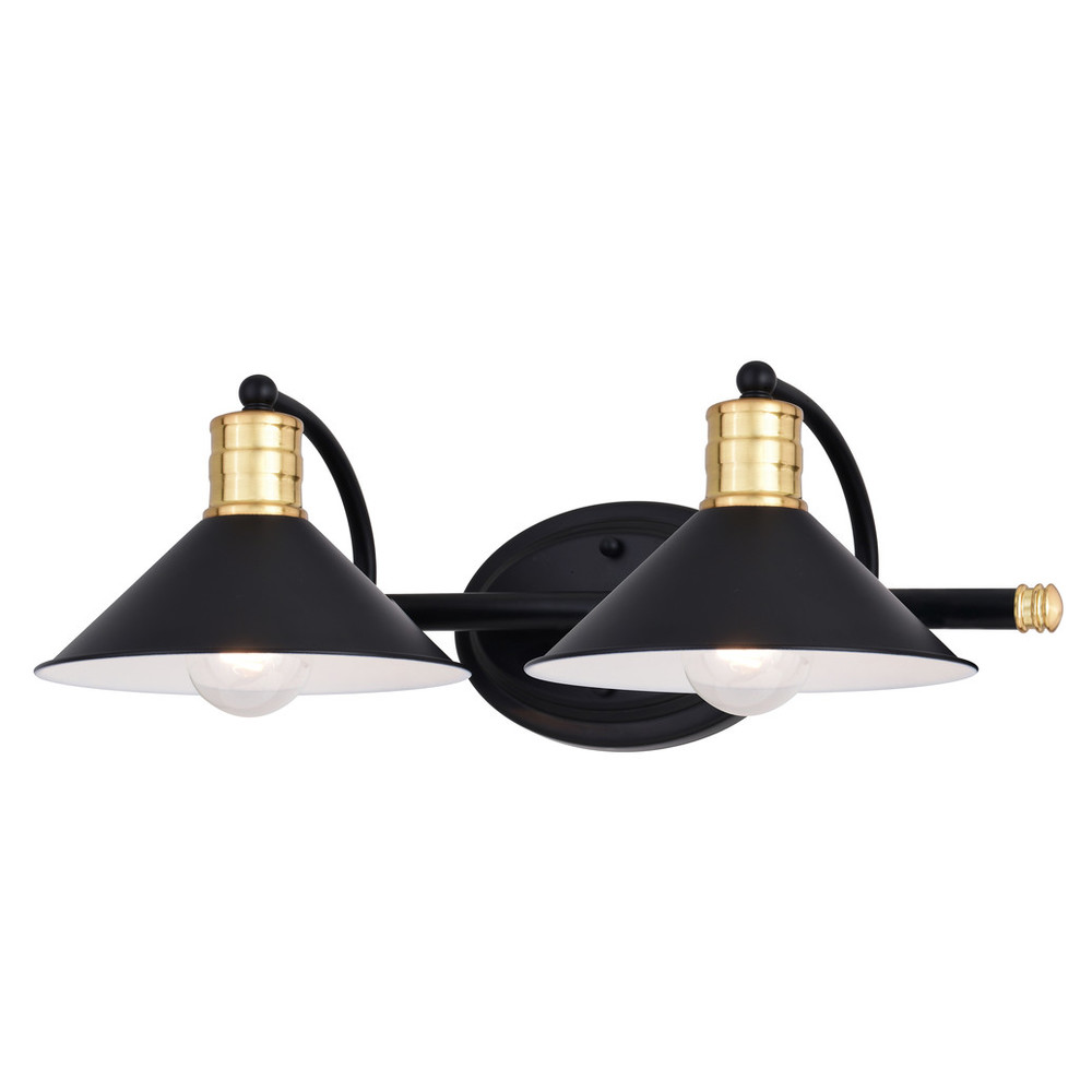 Vaxcel Lighting W0435 Akron 2 Light Matte Black with Gold Brass Accents Industrial Bathroom Vanity Wall Fixture - Metal Shades