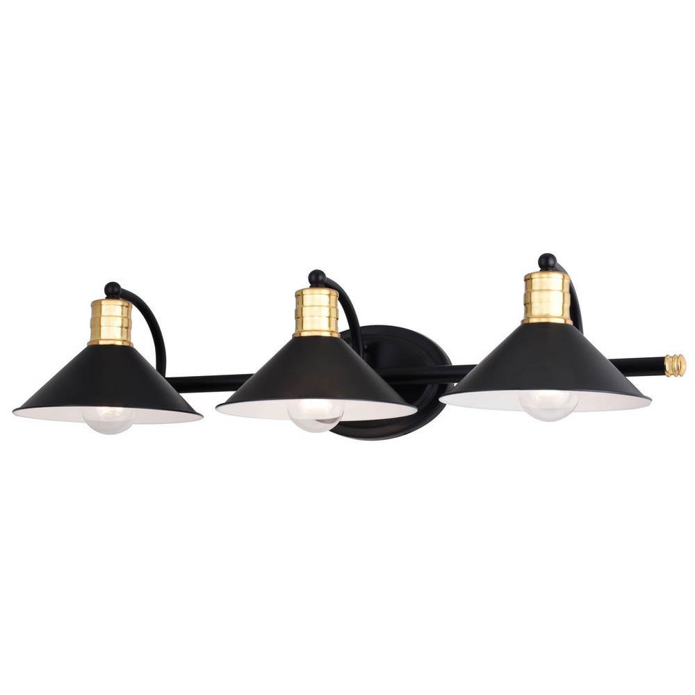 Vaxcel Lighting W0436 Akron 3 Light Matte Black with Gold Brass Accents Industrial Bathroom Vanity Wall Fixture - Metal Shades