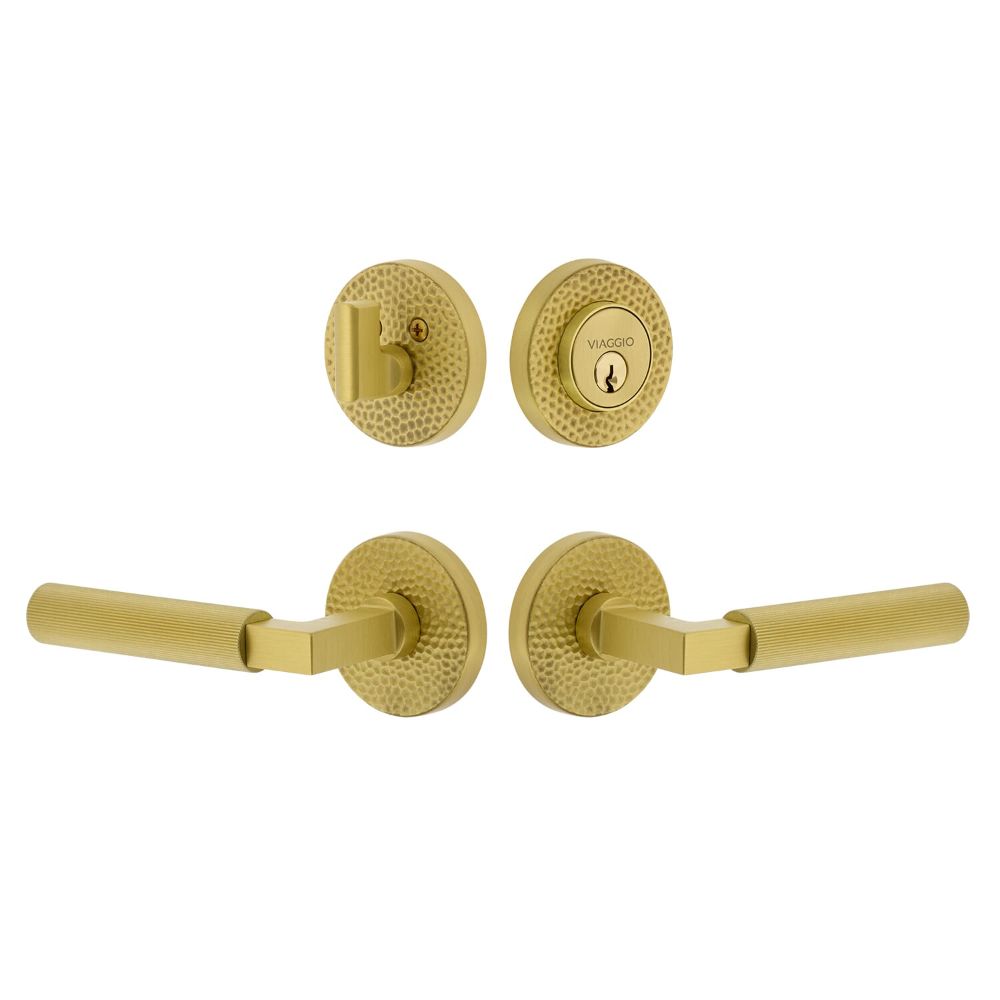 Viaggio CLOMHMCON-FLT Circolo Hammered Rosette with Contempo Fluted Lever and matching Deadbolt in Satin Brass