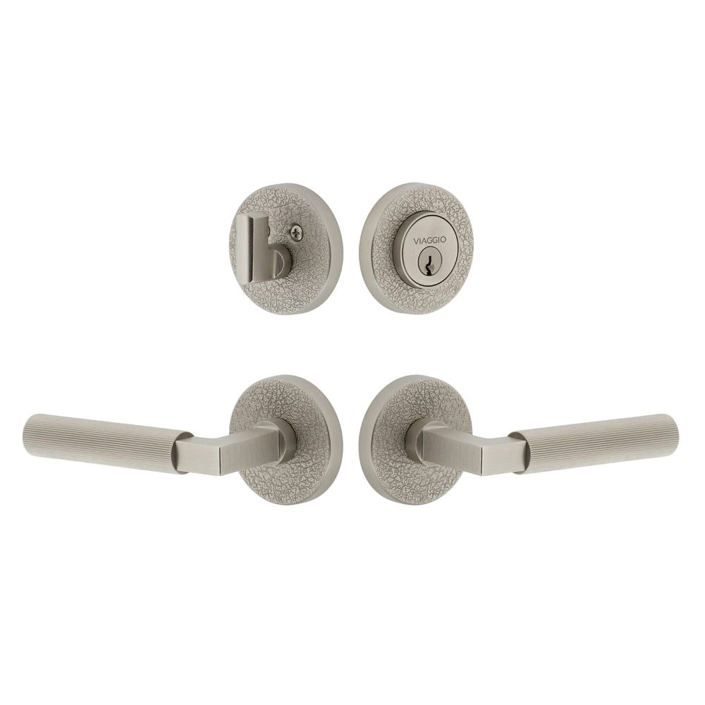 Viaggio CLOMLTCON-FLT Circolo Leather Rosette with Contempo Fluted Lever and matching Deadbolt in Satin Nickel
