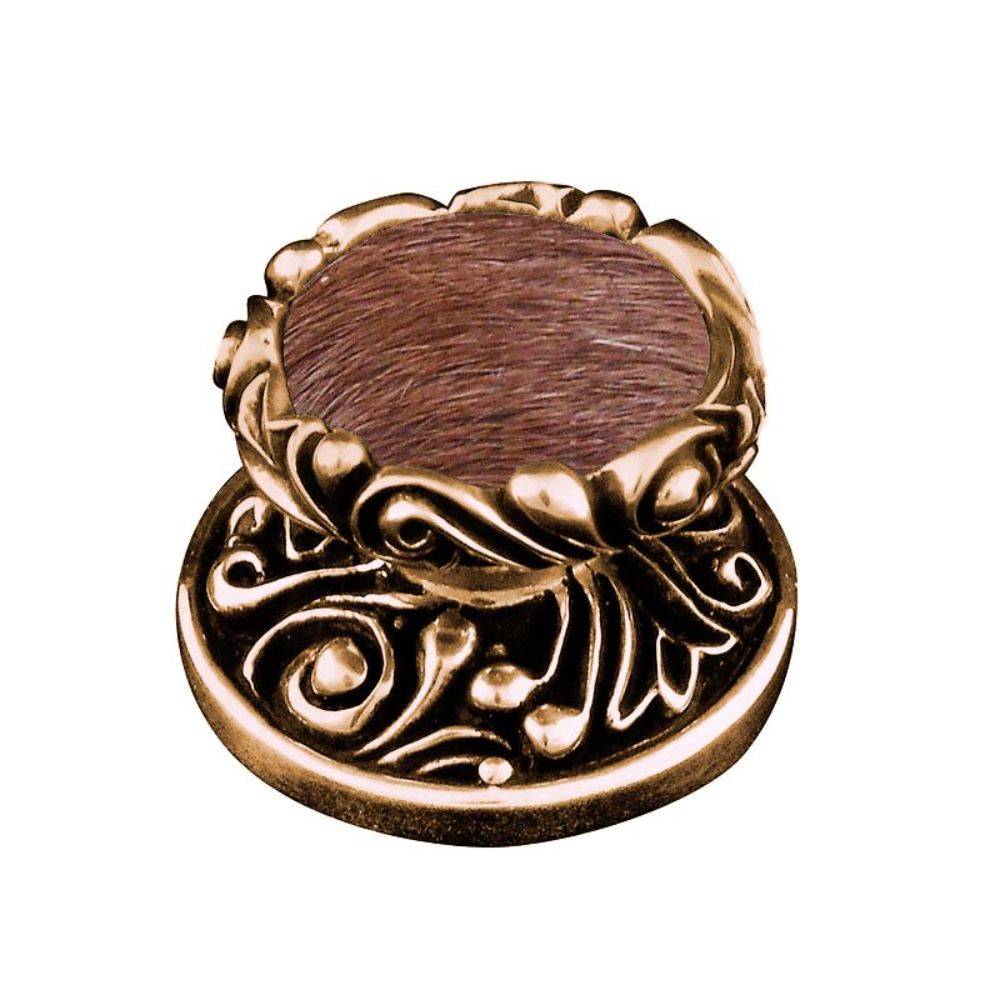 Vicenza K1119-AG-FB Liscio Knob Large in antique Gold with Brown Leather and Fur Insert