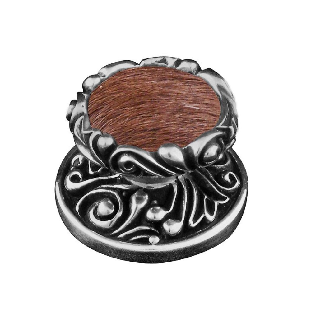Vicenza K1119-AN-FB Liscio Knob Large in antique Nickel with Brown Leather and Fur Insert