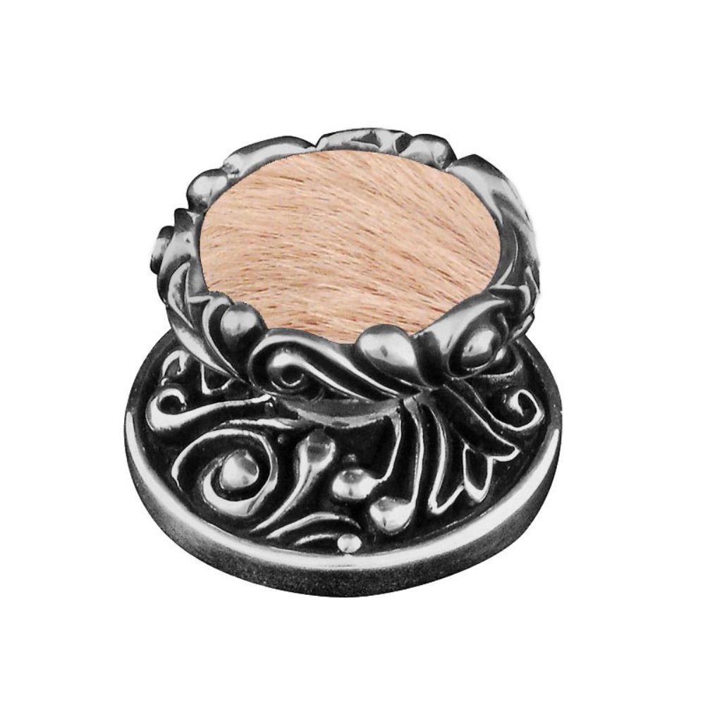 Vicenza K1119-AN-TF Liscio Knob Large in Antique Nickel with Tan Leather and Fur Insert