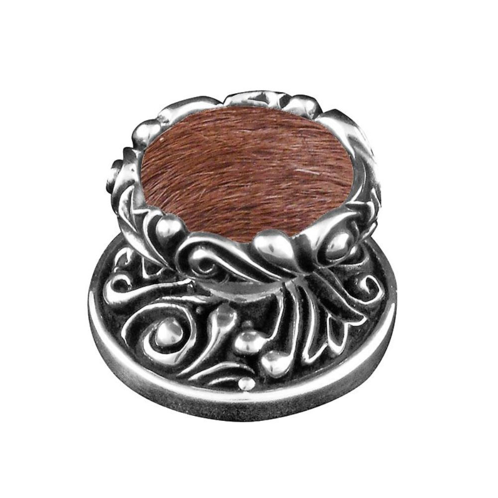 Vicenza K1119-AS-FB Liscio Knob Large in antique Silver with Brown Leather and Fur Insert