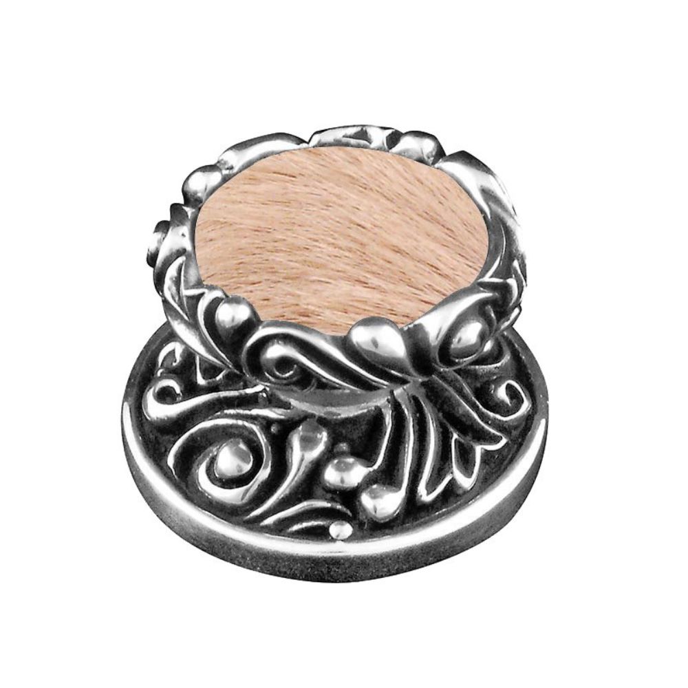 Vicenza K1119-AS-TF Liscio Knob Large in Antique Silver with Tan Leather and Fur Insert