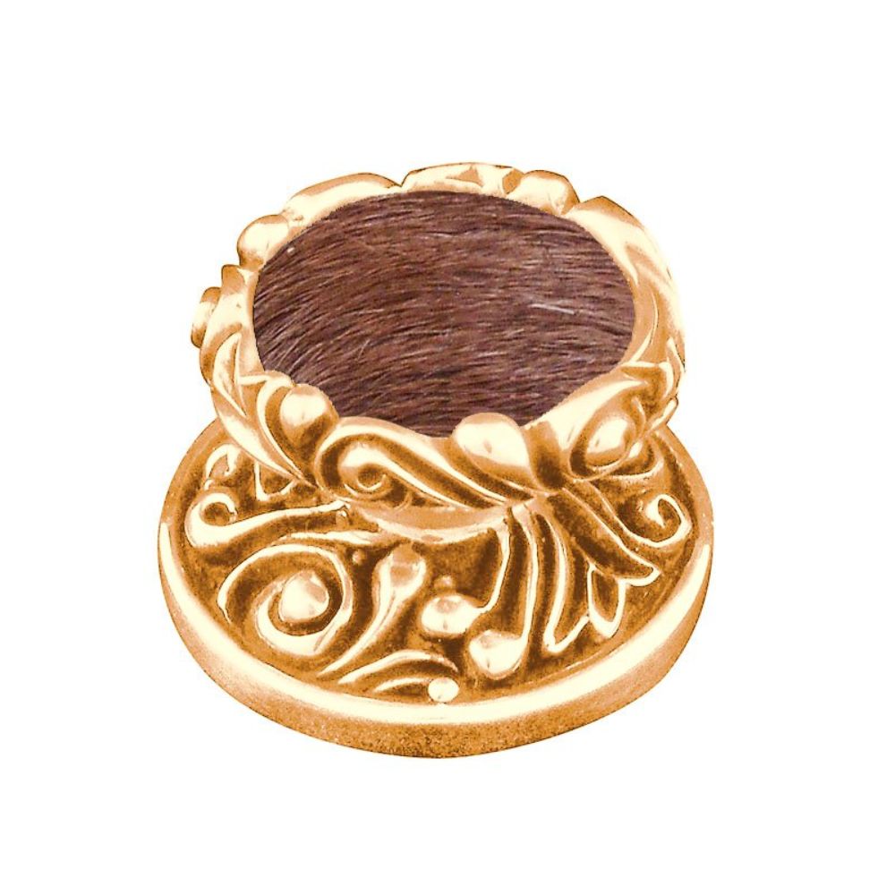 Vicenza K1119-PG-FB Liscio Knob Large in Polished Gold with Brown Leather and Fur Insert