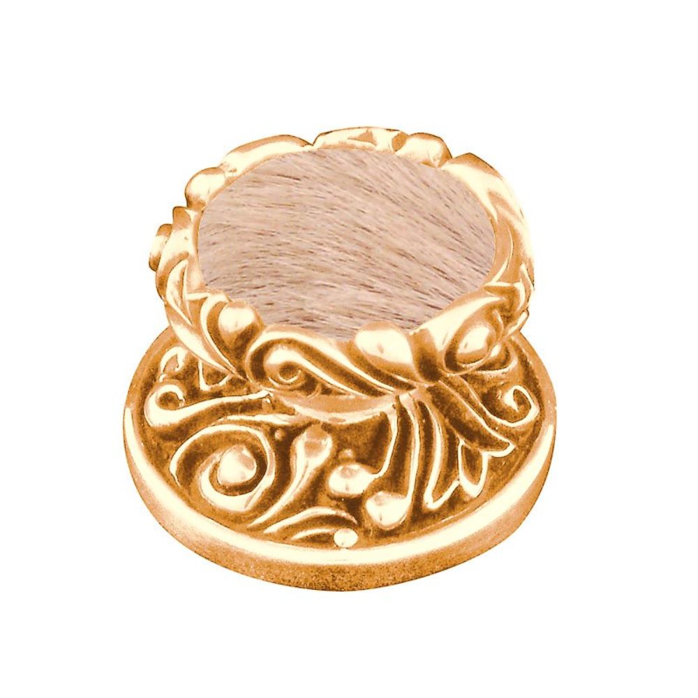 Vicenza K1119-PG-TF Liscio Knob Large in Polished Gold with Tan Leather and Fur Insert