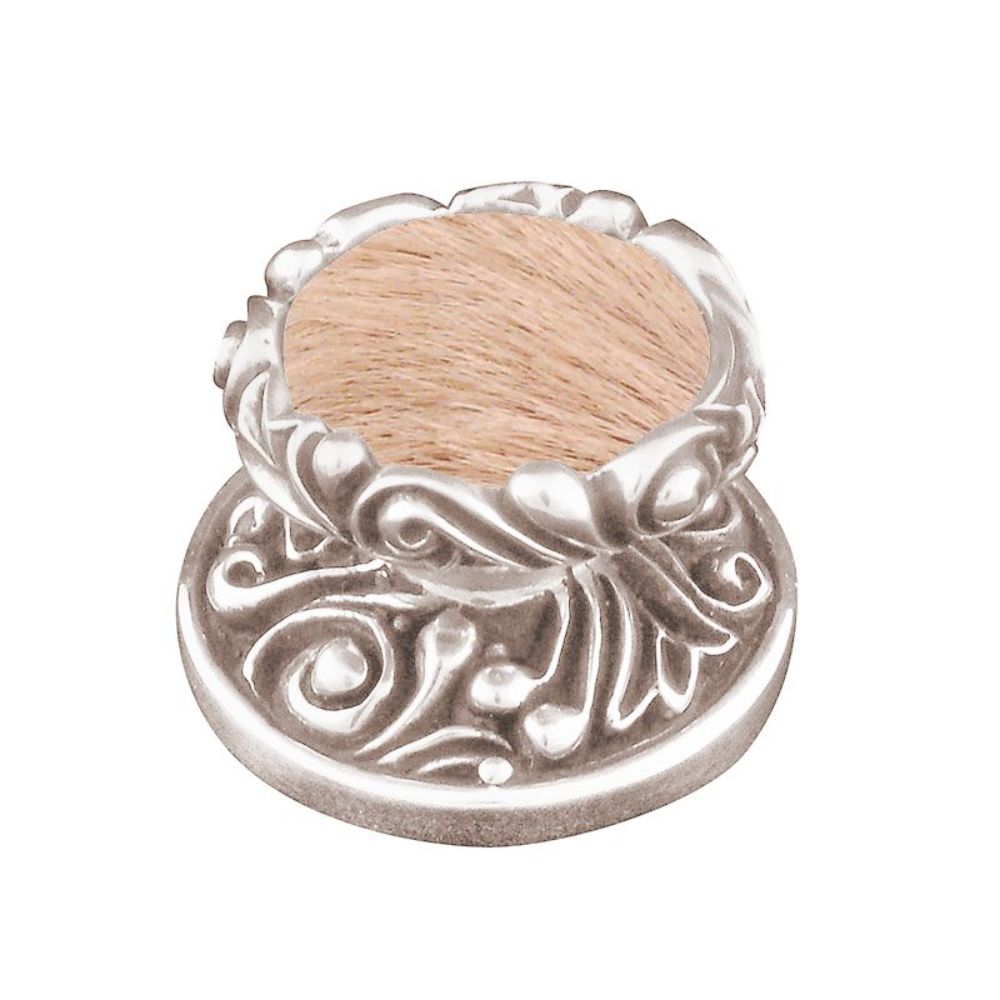 Vicenza K1119-PN-TF Liscio Knob Large in Polished Nickel with Tan Leather and Fur Insert