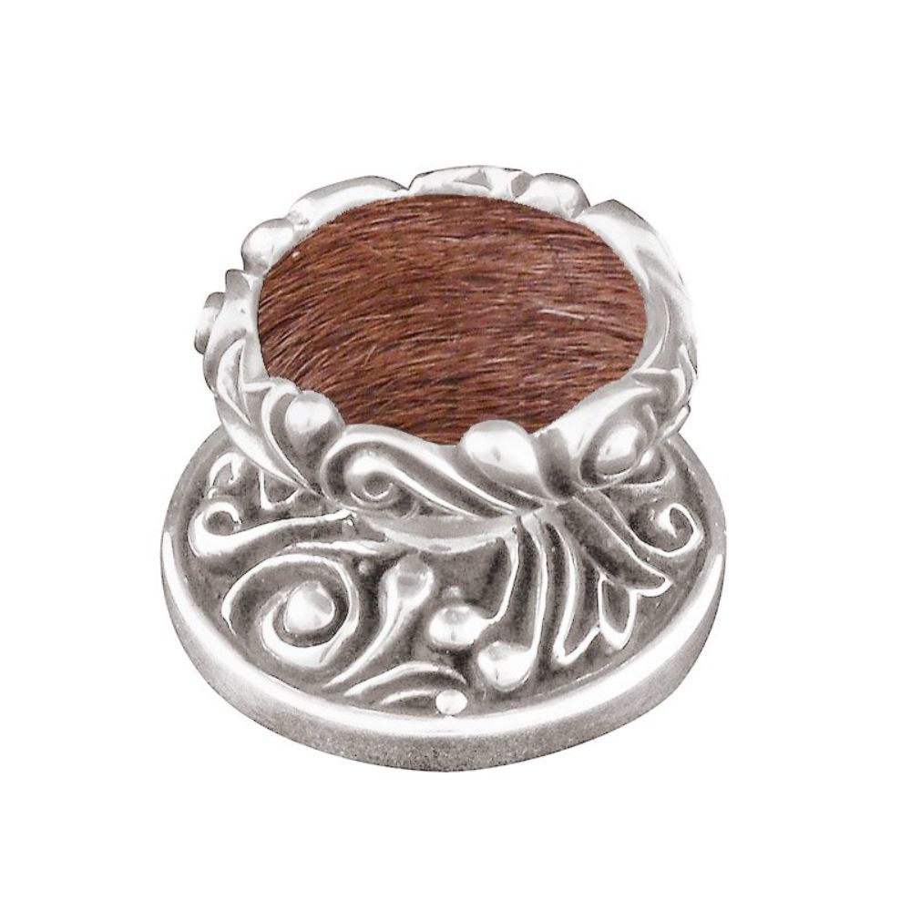 Vicenza K1119-PS-FB Liscio Knob Large in Polished Silver with Brown Leather and Fur Insert