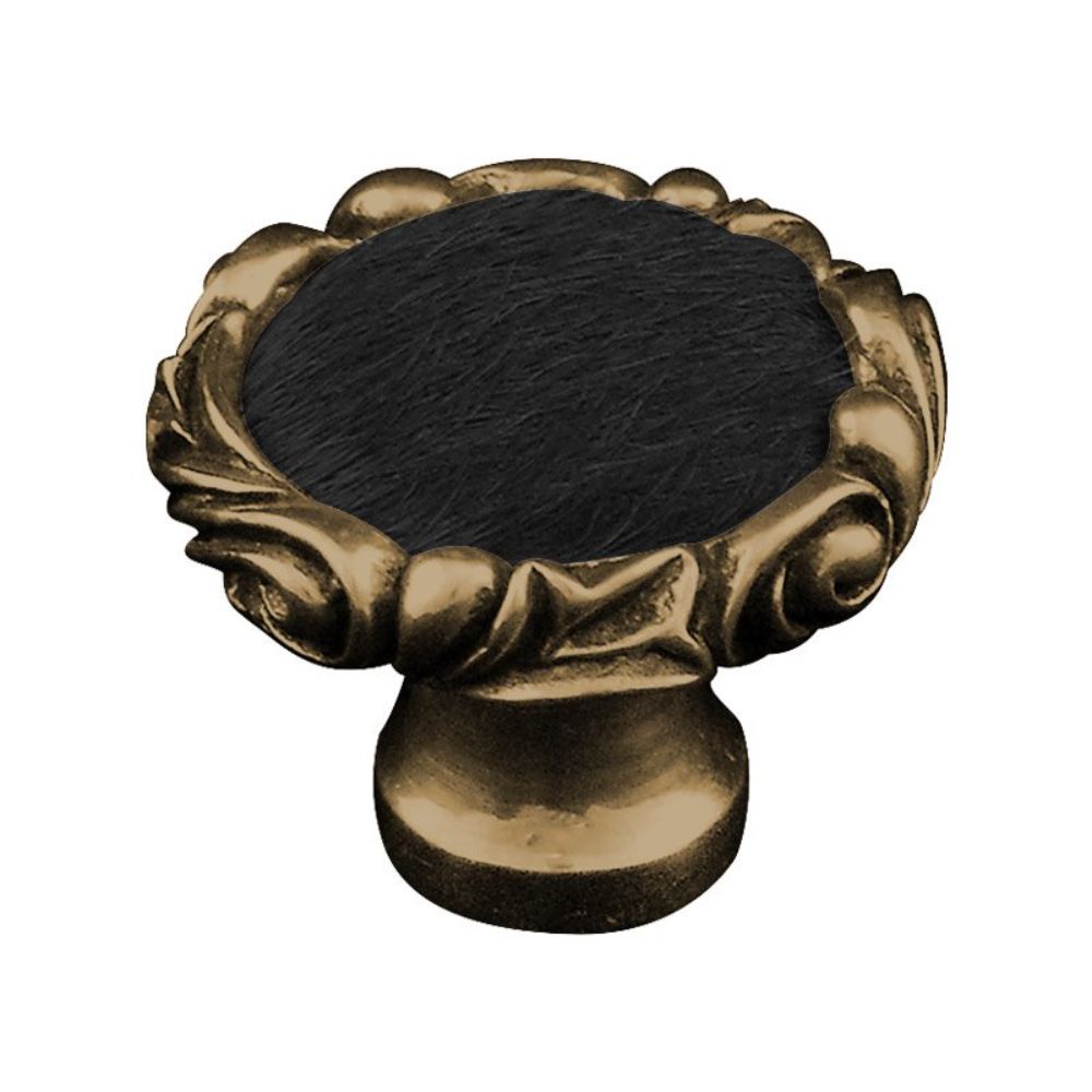 Vicenza K1119P-AB-BF Liscio Knob Large Small Base in Antique Brass with Black Leather and Fur Insert