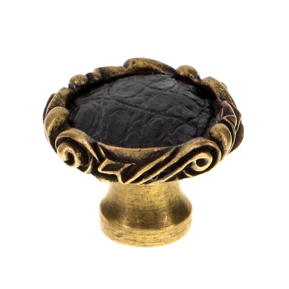 Vicenza K1119P-AB-BL Liscio Knob Large Small Base with Insert in Antique Brass with Black Leather Insert